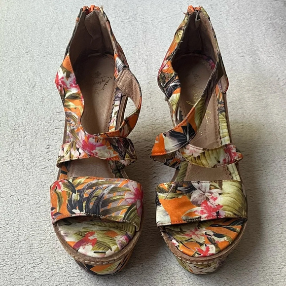 Anthropologie Miss Albright Tropical Floral Wedge Sandals-Women’s 5-Orange Multi - Picture 10 of 15